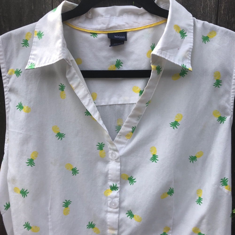 Pineapple Print Sleeveless ButtonUp Blouse 1X - Picture 3 of 5